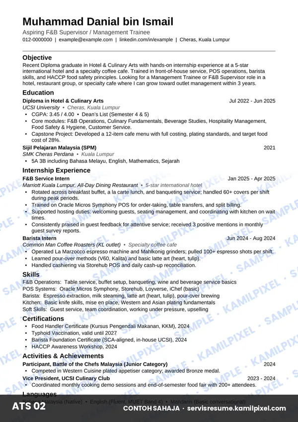 Contoh resume ATS 02 untuk fresh grad F&B Supervisor
