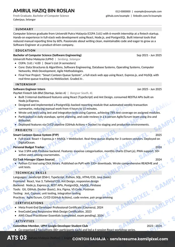 Contoh resume ATS 03 untuk fresh grad Computer Science