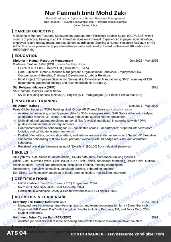 Contoh resume ATS 04 untuk fresh grad Human Resource