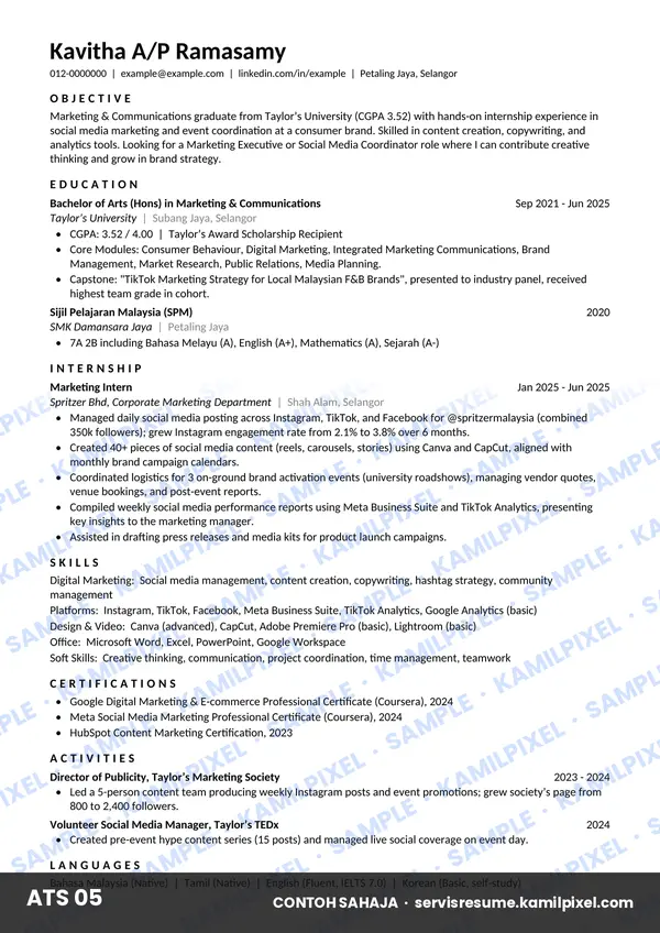 Contoh resume ATS 05 untuk fresh grad Marketing & Communications