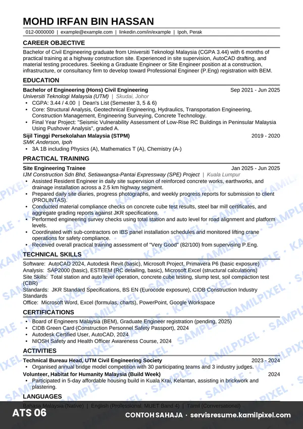 Contoh resume ATS 06 untuk fresh grad Civil Engineering