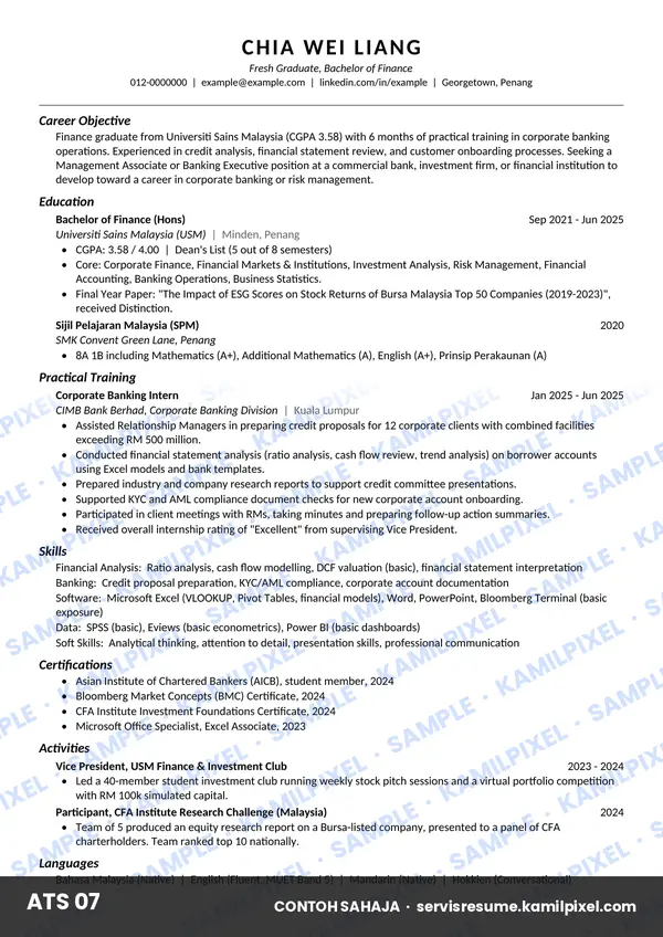 Contoh resume ATS 07 untuk fresh grad Finance