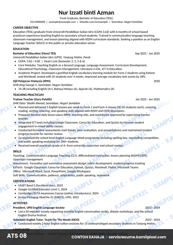 Contoh resume ATS 08 untuk fresh grad Education (TESL)